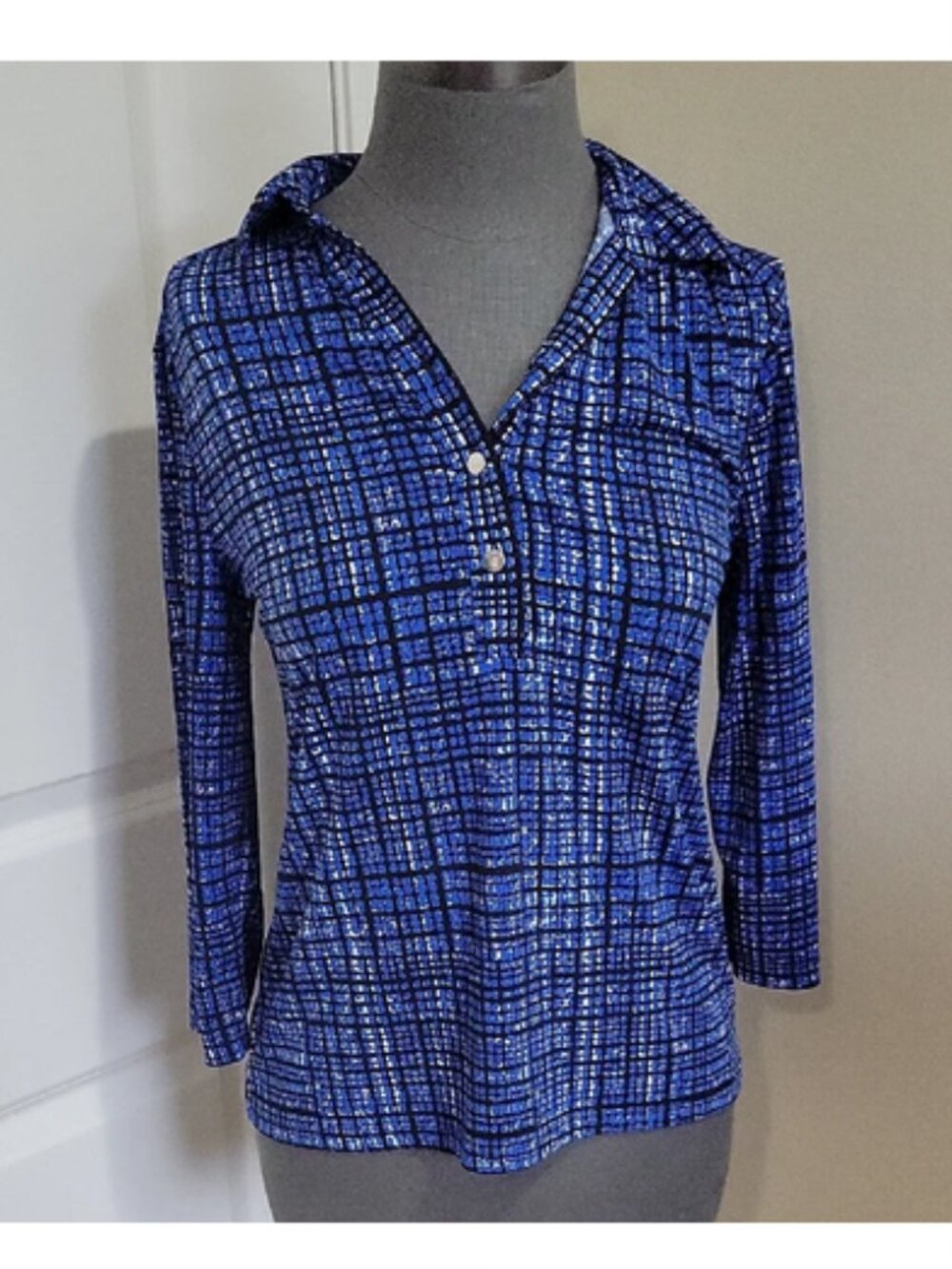 212 Collection Blue/Black Checkered Collared 3/4 Sleeve Stretch Cute Cozy Top XS